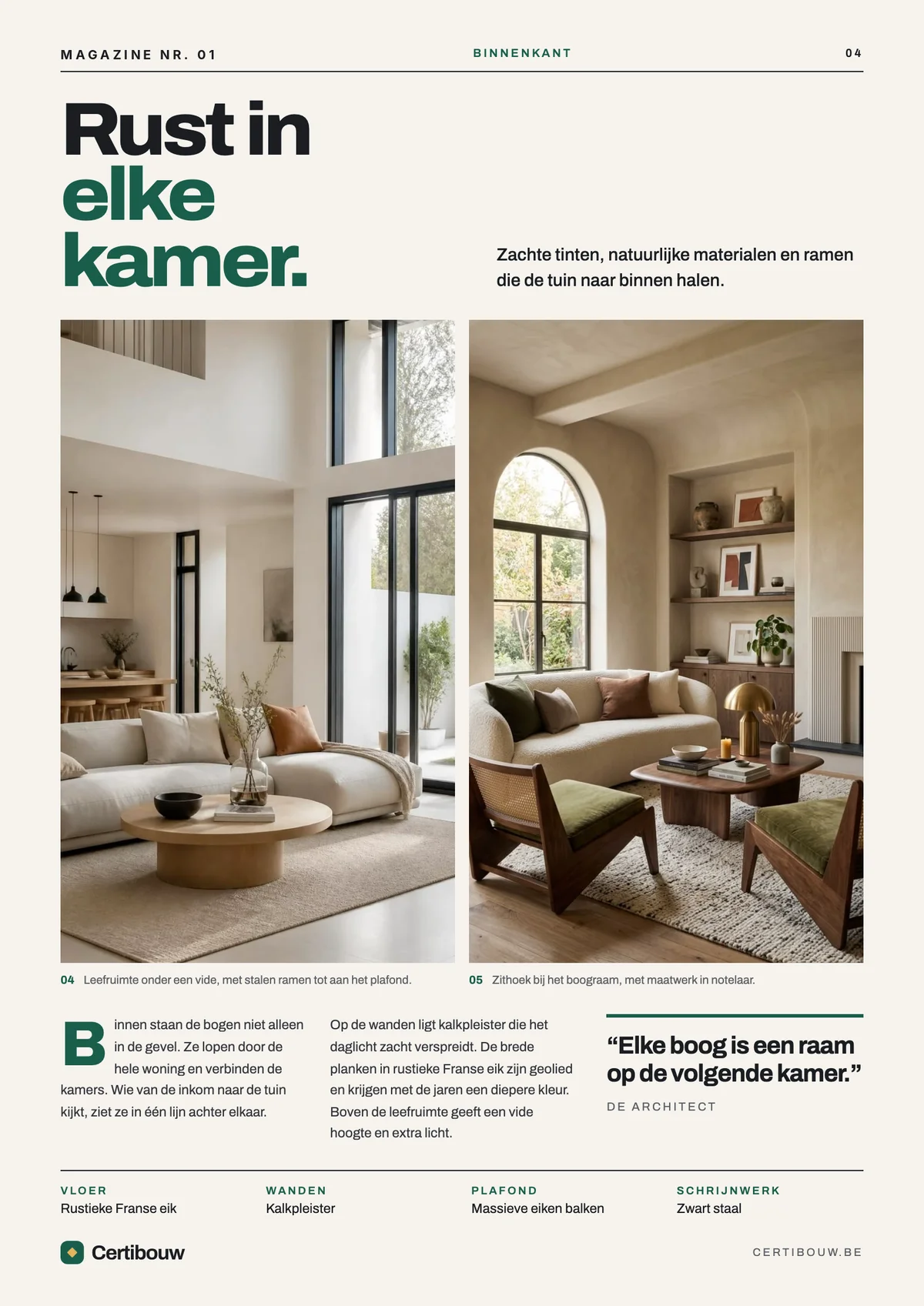 Binnenpagina van het Certibouw Magazine: Rust in elke kamer, met twee foto’s van een warme living.