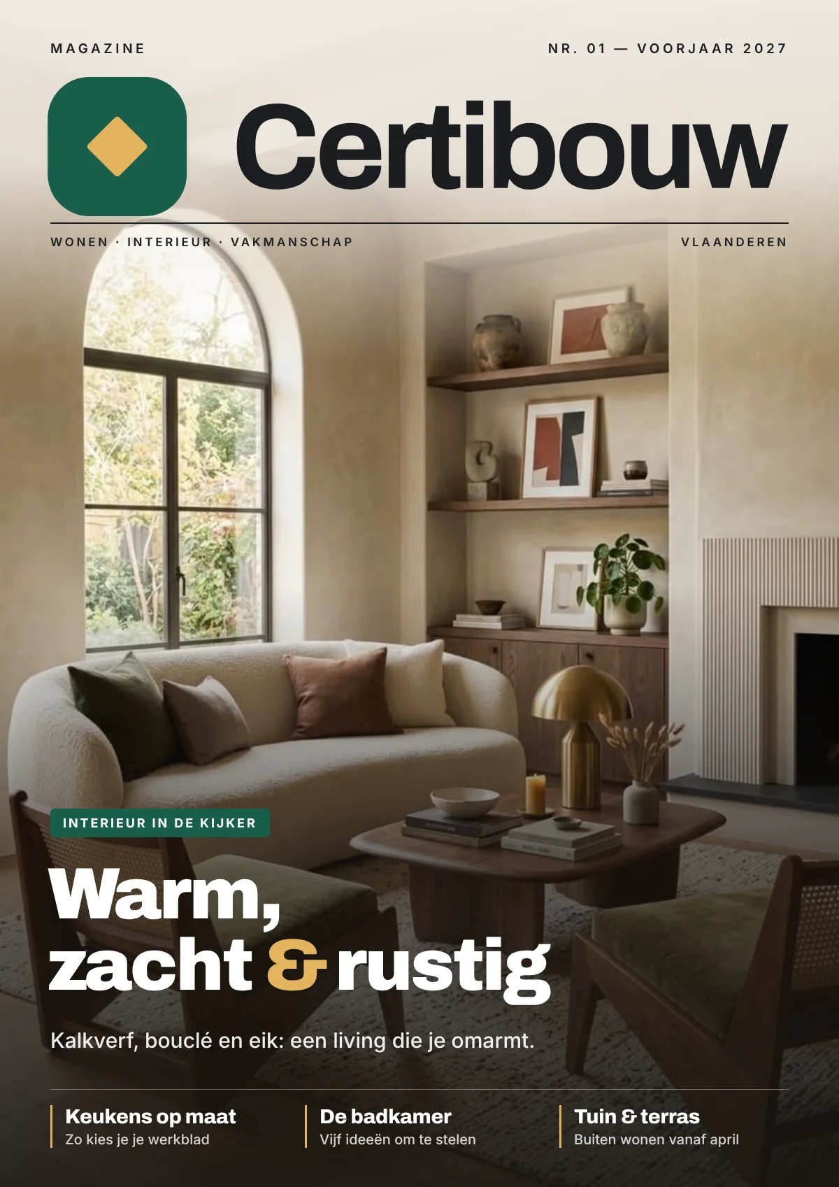 Cover van het Certibouw Magazine nr. 01: een warme living met een boograam en een bouclé zetel.
