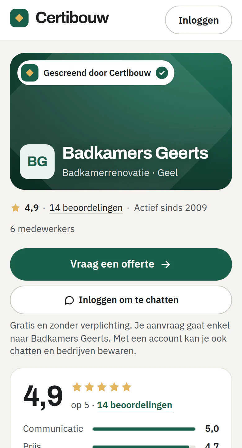 Scherm op gsm: de pagina van een gescreend bedrijf met het teken Gescreend door Certibouw, een score van 4,9 en de knop Vraag een offerte.